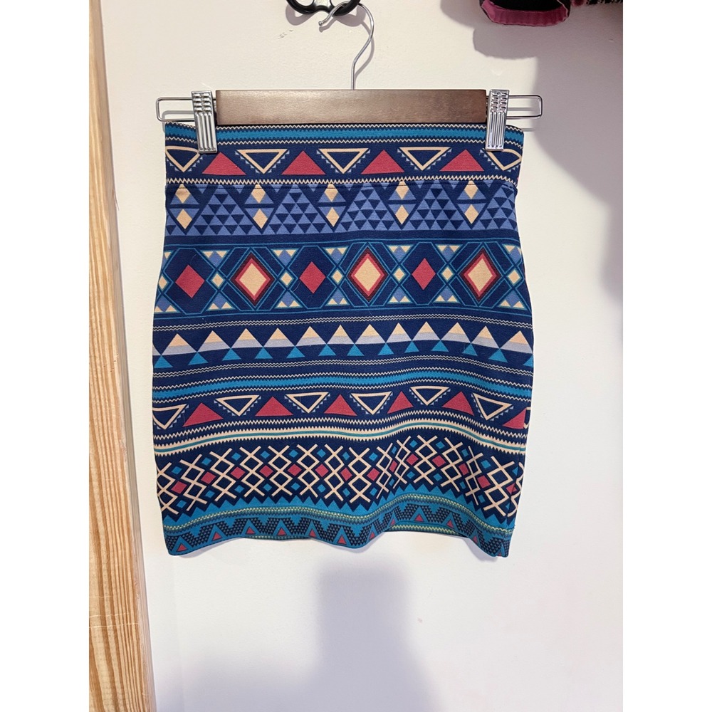 Forever 21 Geometric Mini Skirt Womens Small Blue Multicolor Stretch‎ Bodycon